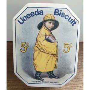 Vtg Uneeda Biscuit Nabisco Bristol Ware Advertising Tin Boy In Yellow Coat D5